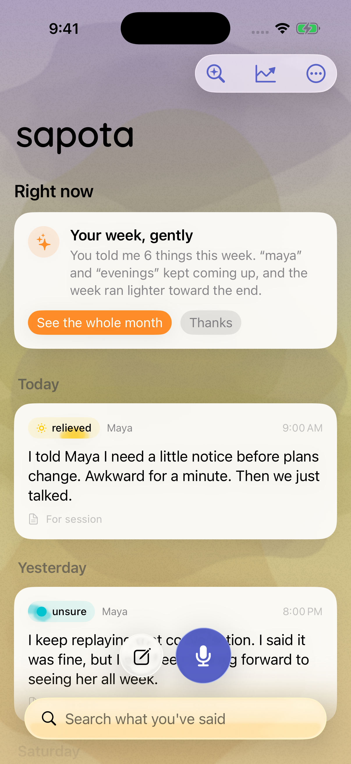 Sapota journal with saved thoughts and a record button.