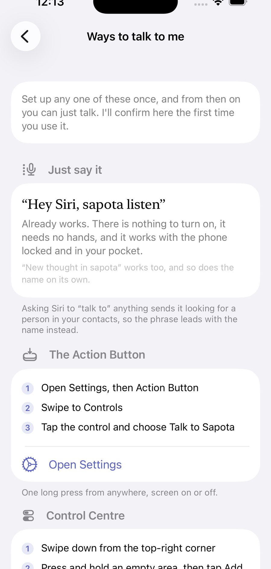 The Ways to Talk screen listing Hey Siri, Back Tap, Control Centre, the Lock Screen and the Action Button.